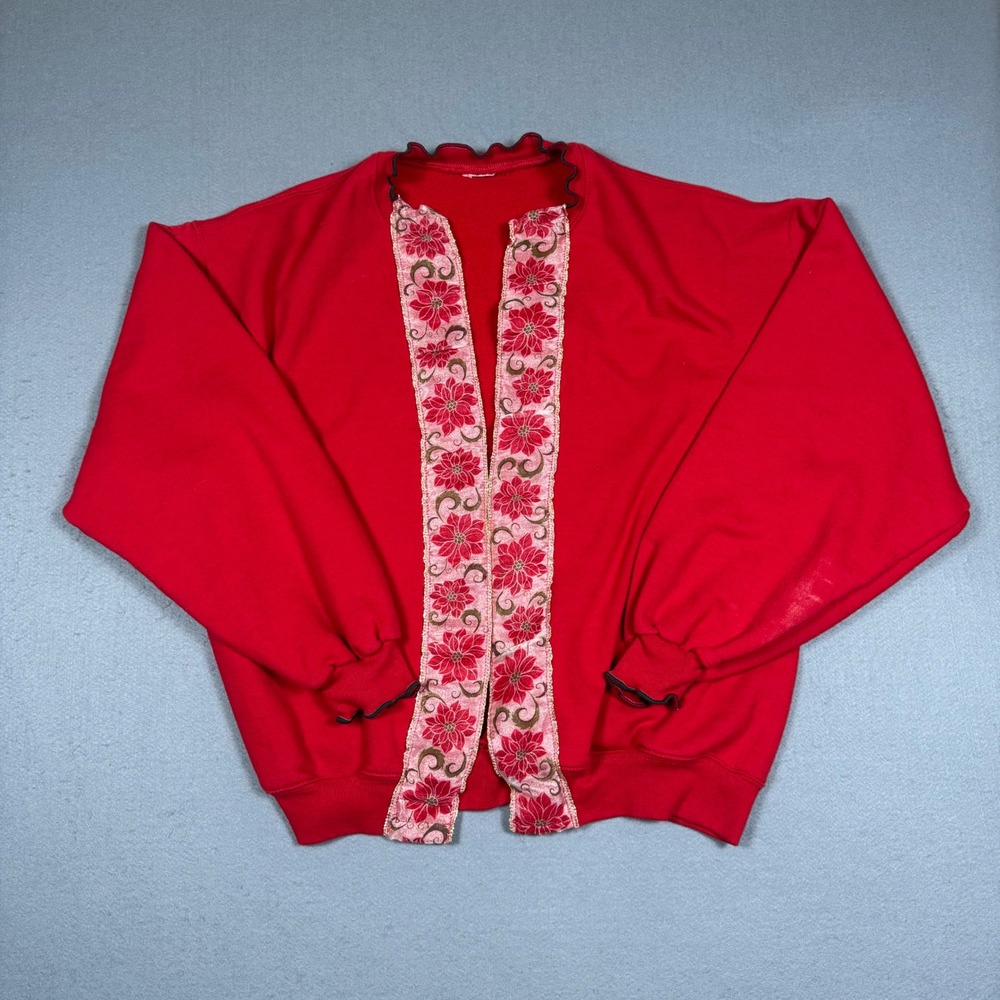 Vintage Paulette Carpenito Red Poinsettia Floral Ribbon Sweatshirt Cardigan XL